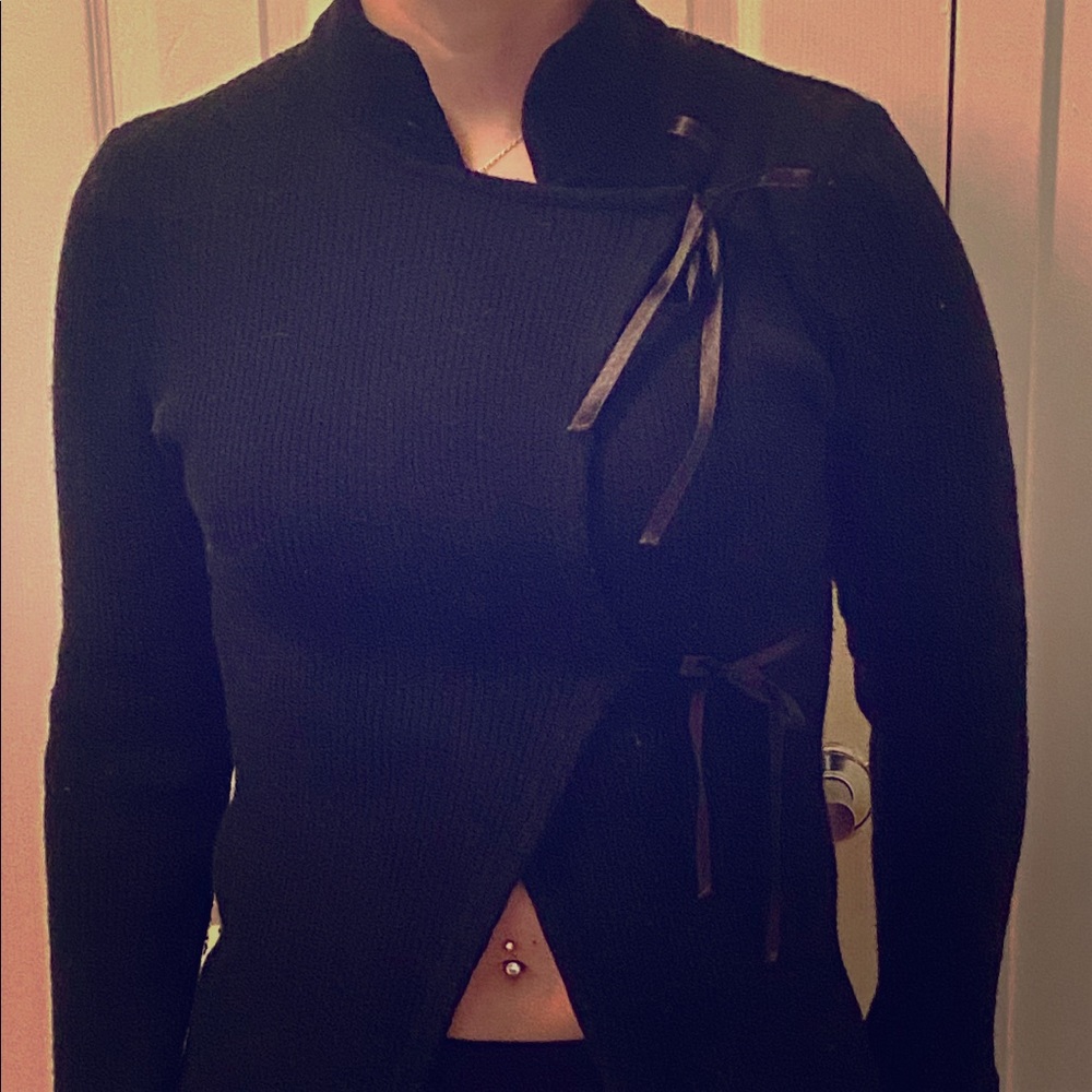 Black wool cardigan with satin ties